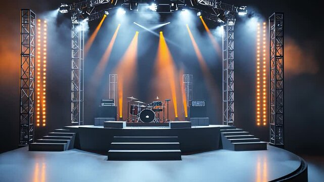 Modern concert stage with drum set and amplifiers, featuring vibrant lighting and multiple levels, creates energetic atmosphere for unforgettable live music performances.