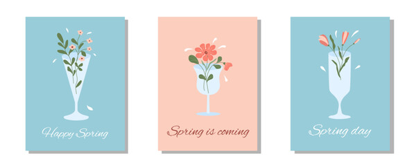 Abstract spring flowers in champagne, wine drinking glass. Set of spring flower drink. Element for design of poster, social media, banners, invitation. Trendy spring card template.