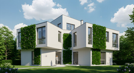 Modern Sustainable Villa Covered In Vertical Garden With Blue Sky