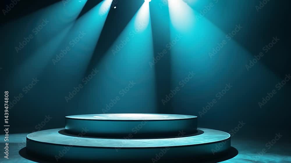 Poster empty stage platform illuminated by spotlights.