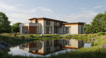 Luxurious Home With Pond Reflected Facade And Natural Landscape Scenery
