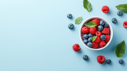 A bowl of fresh raspberries and blueberries with mint leaves on a pastel blue background.