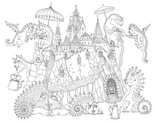 Fairy tale Dragons family and old medieval castle. Vector coloring book page