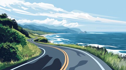 Obraz premium Scenic coastal highway winds through lush landscape.