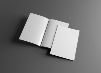 Isolated magazine cover and open magazine Mockup on grey background with soft shadows. 3D rendering