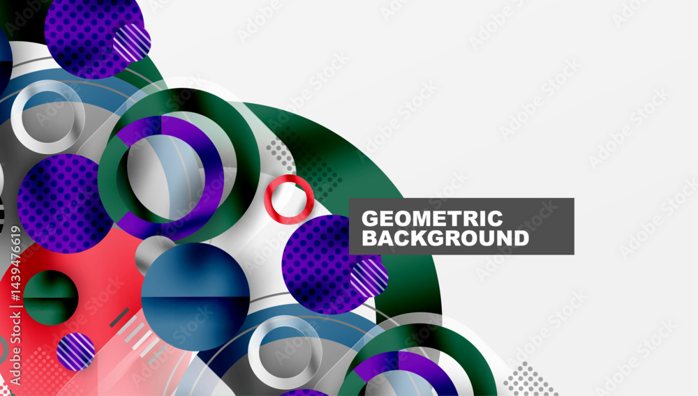 Poster Abstract geometric shapes overlap, creating vibrant colorful background. Modern design features circles, squares, lines.