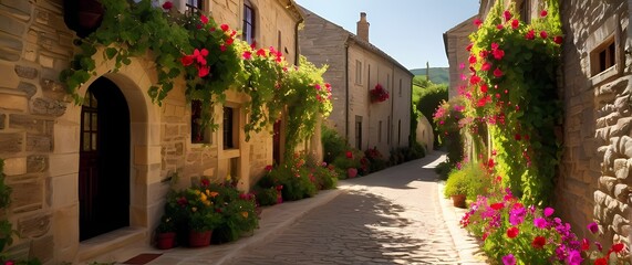 Naklejka premium Sunlit quaint village lanes decorated with blooming vines and bright flowers alongside stone walls. Extremely detailed high resolution illustration.