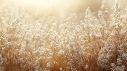 Golden Field Of Tall Grasses Illuminated By Soft Sunlight In Atmospheric Setting
