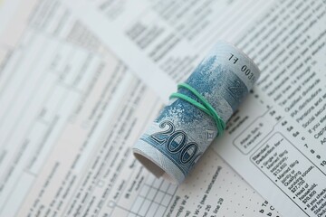 North Korean won money bills in big amount lies on table with tax forms close up