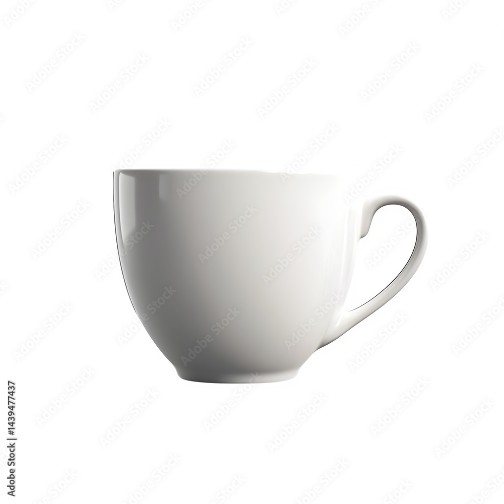 Poster a simple studio shot displaying a white ceramic cup with a handle against a black background