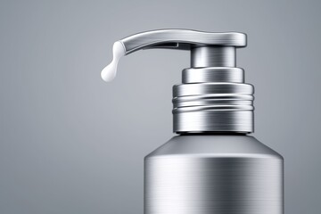 Obraz premium Metallic dispenser bottle with lotion drop. cosmetic product close-up detail