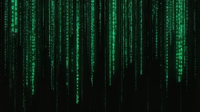 Digital code streams falling on black background.