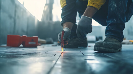 Construction Worker Using Laser Level on Floor