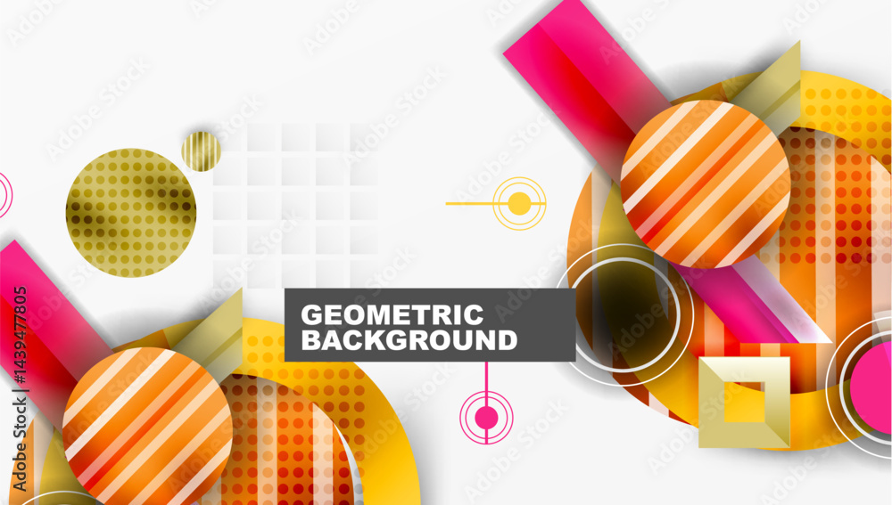 Poster Abstract geometric composition. Vibrant colors, overlapping shapes create modern design. Circles, squares, lines form dynamic pattern.