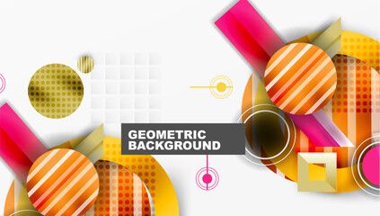 Obraz premium Abstract geometric composition. Vibrant colors, overlapping shapes create modern design. Circles, squares, lines form dynamic pattern.