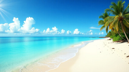 Fototapeta premium Idyllic Tropical Beach With Palm Trees and Pristine Turquoise Waters