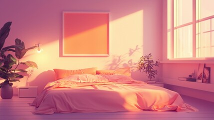 Sunrise hues illuminate a modern bedroom.