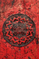 A detailed, circular medallion with a dark, possibly metallic, finish featuring intricate patterns, set against a heavily textured and distressed red background.