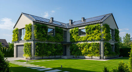 Obraz premium Eco Friendly House With Vertical Garden and Solar Panels on the Roof