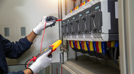 Checking the electrical system, an electrician is using an electric meter to check the electrical system at a control cabinet. for safety