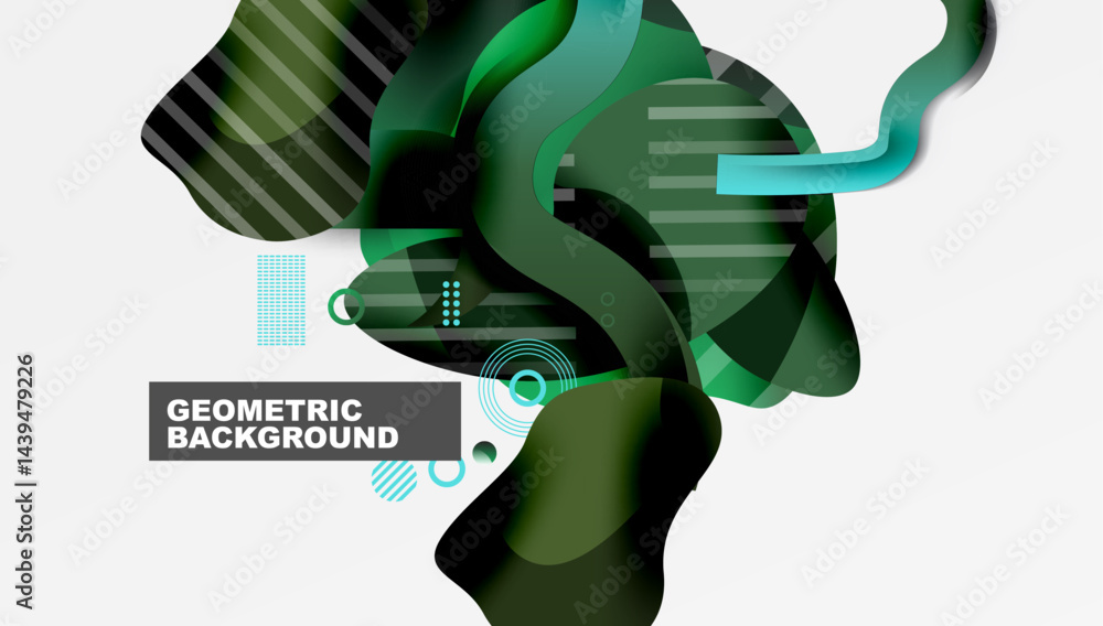 Poster abstract geometric shapes, fluid forms, dark teal, gray gradients. modern design, dynamic compositio