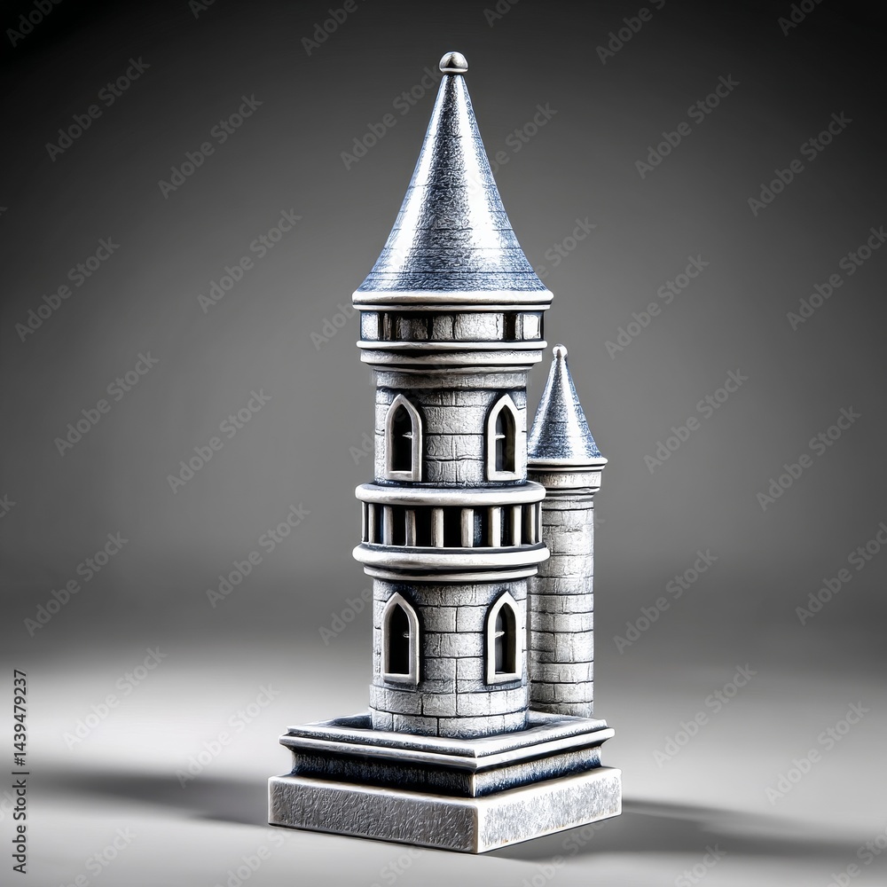 Poster architectural miniature: a detailed stone castle model with conical towers and intricate window desi