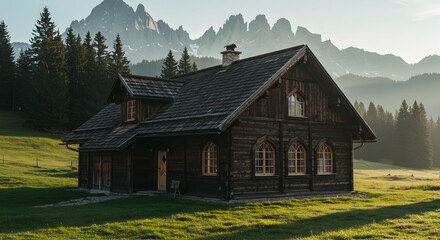 Obraz premium Charming Mountain Cabin Amidst Pristine Landscape With Majestic Mountain Views