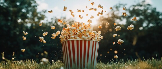 Buttery popcorn spills from a striped bucket against a sunny, outdoor backdrop