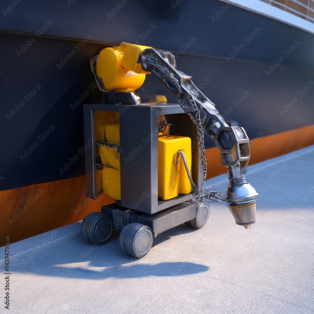 Poster automated ship maintenance: a robotic arm applies coating to the hull of a large vessel for corrosio