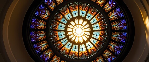 Obraz premium Sunlight piercing through a stained glass kaleidoscope creating vibrant floor patterns. Extremely detailed high resolution illustration.