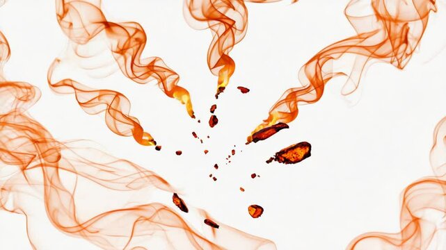 Rising Smoke and Falling Debris on Clean White Backdrop
