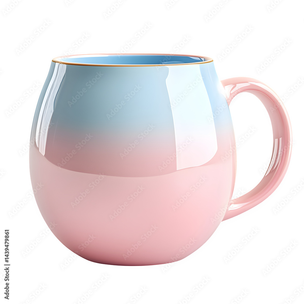 Poster a single ceramic mug with a rounded shape and a color gradient from pink to blue on a dark backgroun