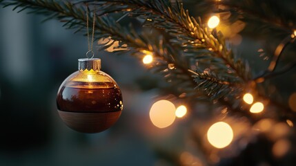 Illuminated Christmas ornament hanging on a tree branch at dusk.