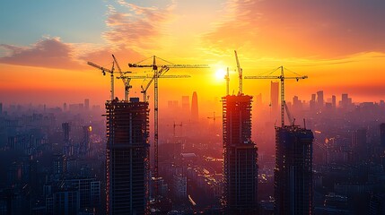 Stunning Sunset Over Urban Skyline with Construction Cranes in Cityscape Image