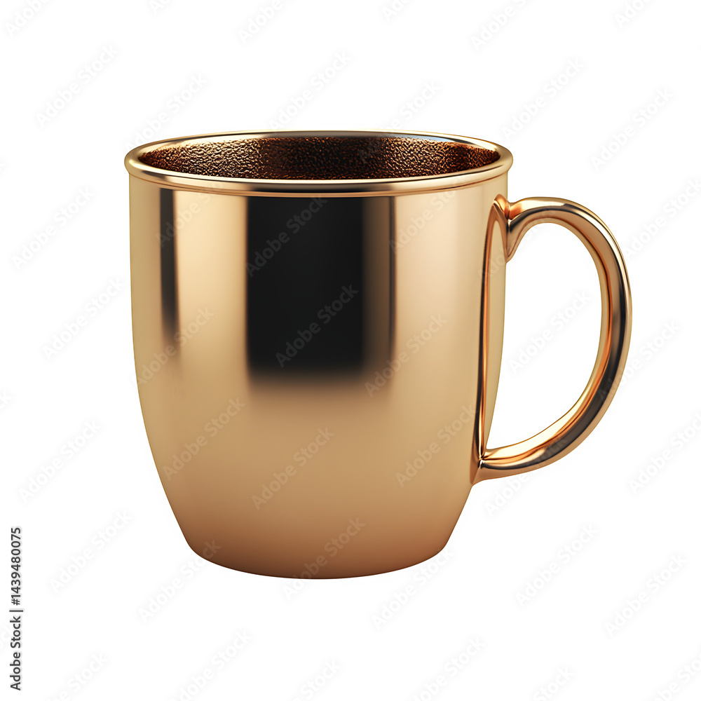 Poster a close up view of a shiny metallic gold mug with a handle on a plain black background studio shot