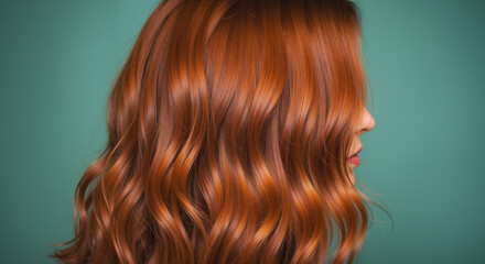 Fototapeta premium Side view of woman with wavy copper red hair against turquoise background. Vibrant hair color styling for salon advertising and hair care product promotions