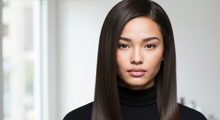 Asian woman with sleek straight black hair wearing black turtleneck against bright interior background. Professional hairstyle for beauty salon advertising and hair treatment promotions
