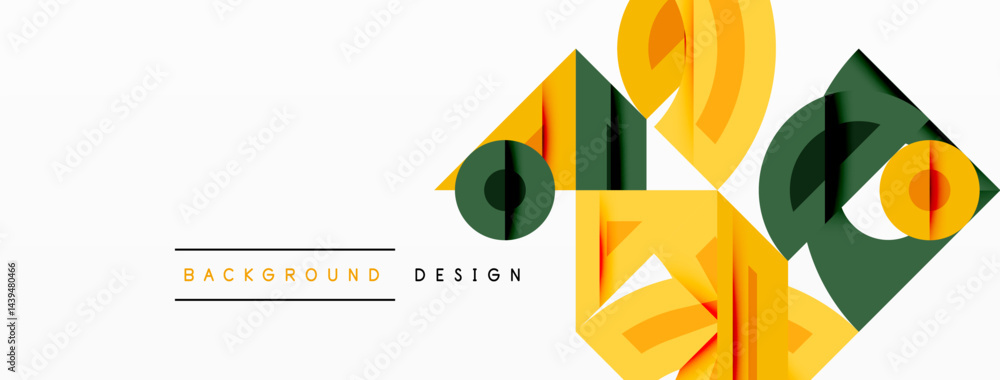 Poster Abstract geometric shapes overlap, creating dynamic composition. Yellow, dark green hues dominate design. Minimalist style.