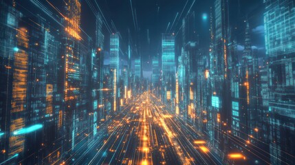 Naklejka premium Neon Cityscape: A Futuristic Digital Metropolis