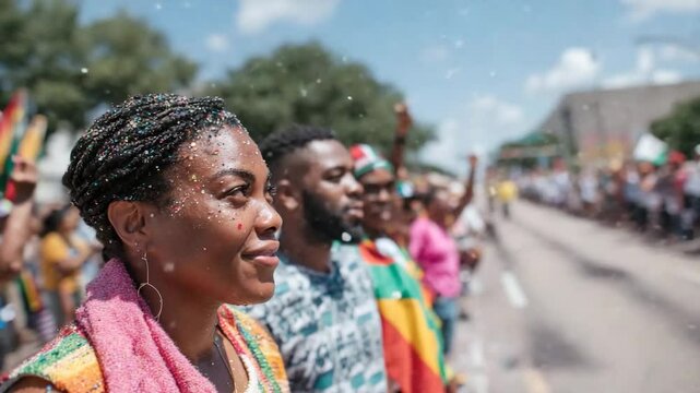 Young women and men celebrate together at a colorful outdoor parade, unity and pride on a sunny day &ndash; community, identity, and diversity expressed in festival atmosphere