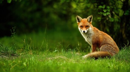 Red Fox Sitting on Grass in Lush Forest Environment