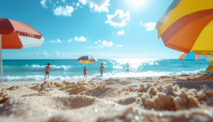 Vibrant Summer Beach Scene with Families and Friends under Colorful Umbrellas