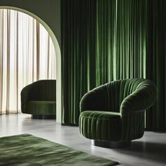 A green chair is sitting in front of a green curtain. The room is decorated with green curtains and a green rug. The chair is the focal point of the room, and the green color scheme creates a calming