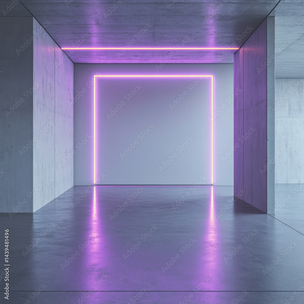 Poster a large, empty room with a purple neon light in the middle. the room is empty and the neon light is 