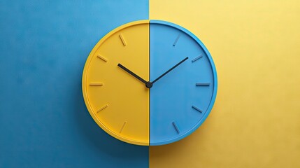 Colorful clock face, split into vibrant yellow and blue halves