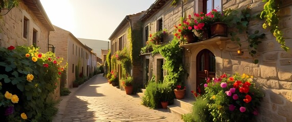Fototapeta premium Sun drenched narrow village alleys decorated with blooming vines and colorful flowers beside stone houses. Extremely detailed high resolution illustration.
