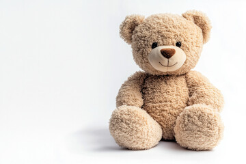 Obraz premium Cute teddy bear sits on a white background, conveying warmth, comfort, and childhood innocence. 