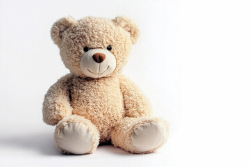 Obraz premium Cute teddy bear sits on a white background, conveying warmth, comfort, and childhood innocence. 