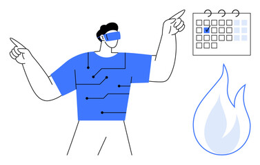 Person wearing VR headset with tech patterns, pointing at calendar and flame icon. Ideal for technology, virtual reality, productivity, innovation, automation, planning focus. Flat simple metaphor
