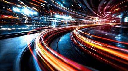 Night city highway curves with light trails. Background urban skyscrapers. Stock photo for technology and transportation themes